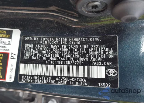 2016 Toyota Camry Se from USA, damaged, VIN 4T1BF1FK5GU237751
